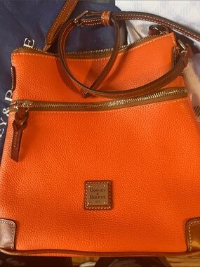 Dooney & Bourke Bright Orange Pebble Leather Crossbody with Brown Trim